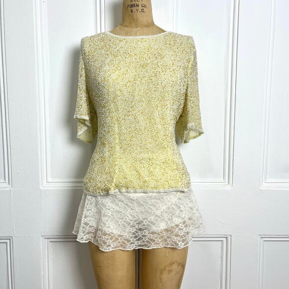 Odeon vintage glamorous short sleeve yellow beaded top with zipper size xl - Picture 3 of 8